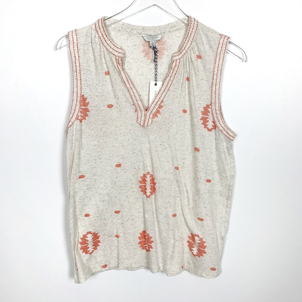 NEW Lucky Brand Aztec Sleeveless Top Orange Ivory
